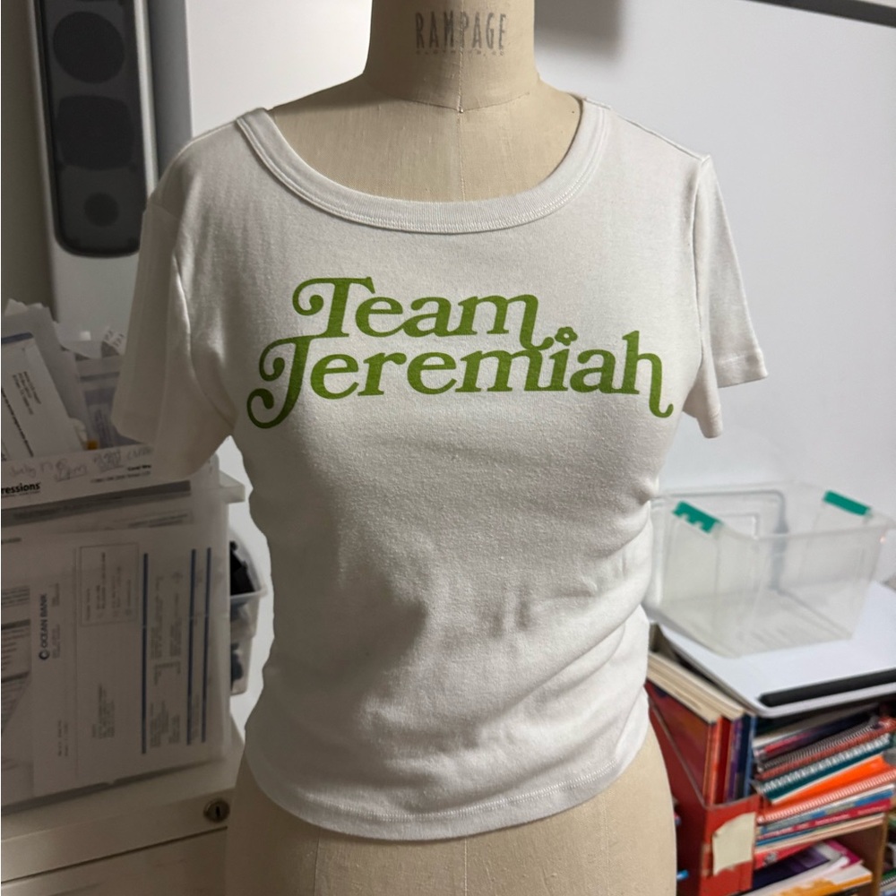 American Eagle Outfitters White and Green Team Jeremiah Tee